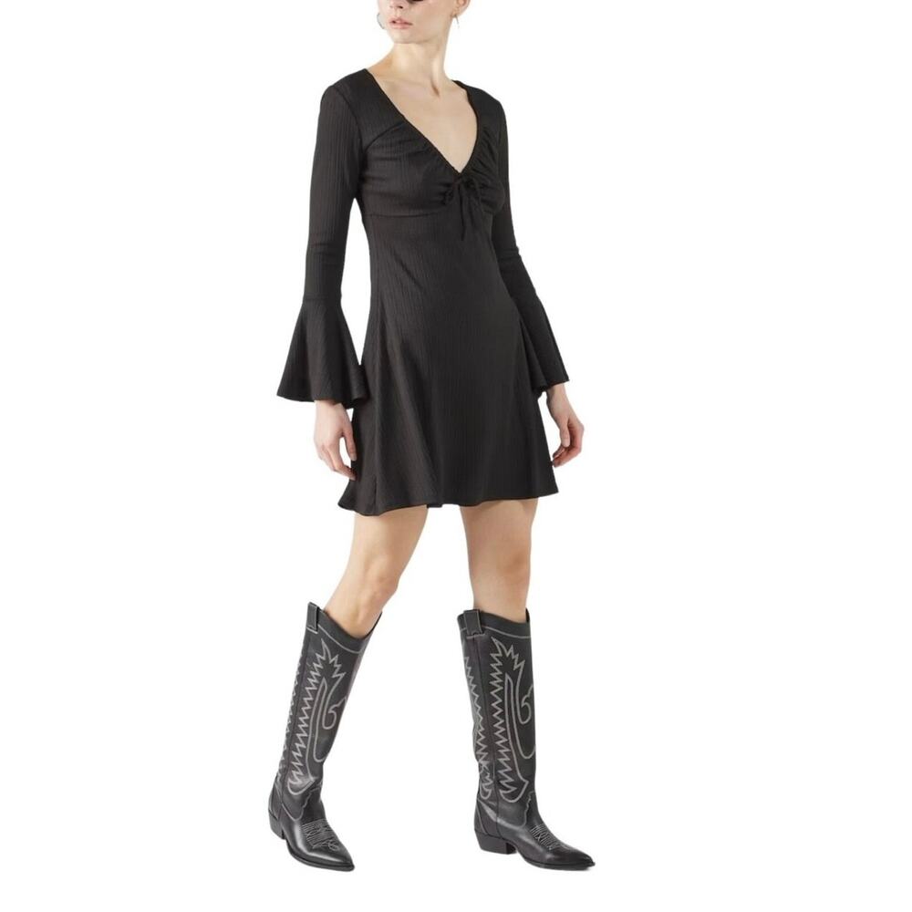 Topshop Womens V Neck Bell Sleeves Short Dress Witchy Whimsigoth Grunge Black